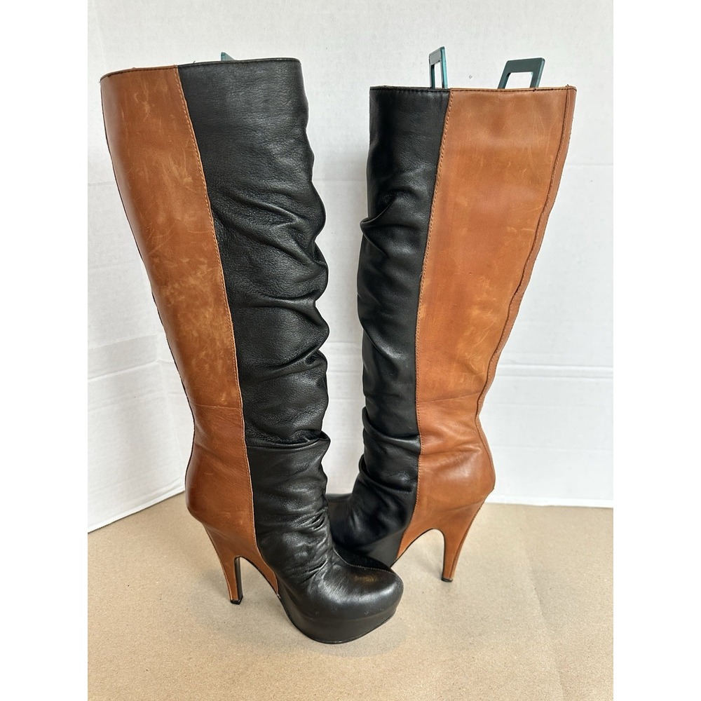 VTG Donald Pliner Jayla Women's Leather Boots Black And Brown Knee High Heel 6.5 - Picture 1 of 8